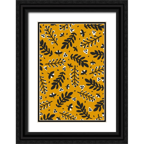 Branches And Berries (Yellow) Black Ornate Wood Framed Art Print with Double Matting by Treechild