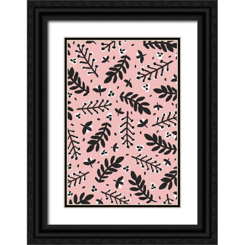Branches And Berries (Pink) Black Ornate Wood Framed Art Print with Double Matting by Treechild