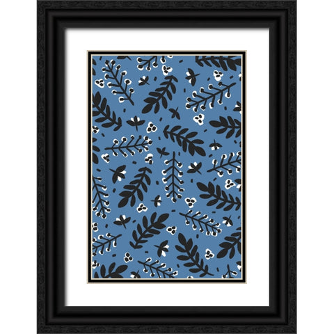 Branches And Berries (Blue) Black Ornate Wood Framed Art Print with Double Matting by Treechild