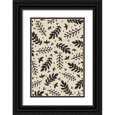 Banches And Berries (Beige) Black Ornate Wood Framed Art Print with Double Matting by Treechild