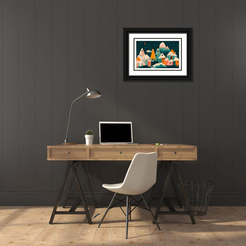 Little Village With Moon Black Ornate Wood Framed Art Print with Double Matting by Treechild