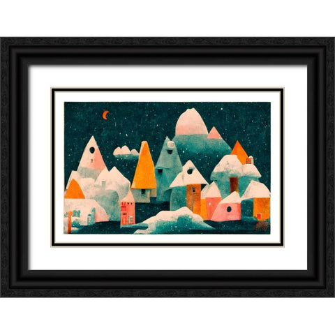 Little Village With Moon Black Ornate Wood Framed Art Print with Double Matting by Treechild