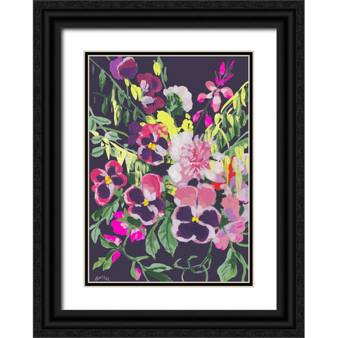 Pink Pansies On Dark Purple Black Ornate Wood Framed Art Print with Double Matting by Zwara, Ania