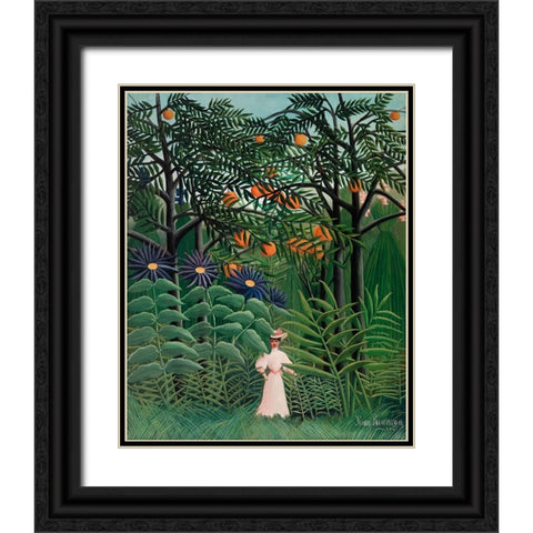 Femme Se Promenant Dans Une Foret Exotique Black Ornate Wood Framed Art Print with Double Matting by Pictufy