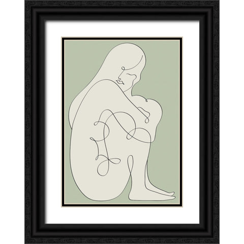 Sitting Woman Green Black Ornate Wood Framed Art Print with Double Matting by Pictufy Studio II