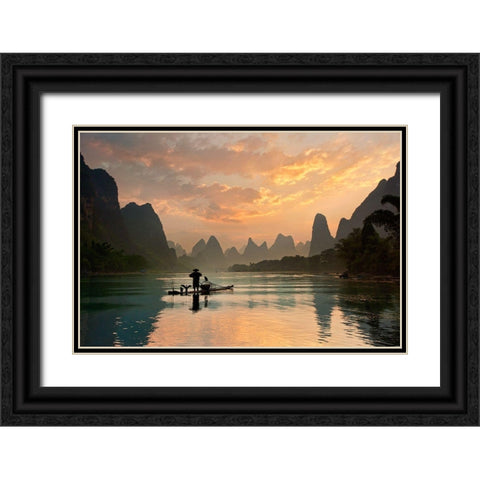 Golden Li River Black Ornate Wood Framed Art Print with Double Matting by Zhang, Yan