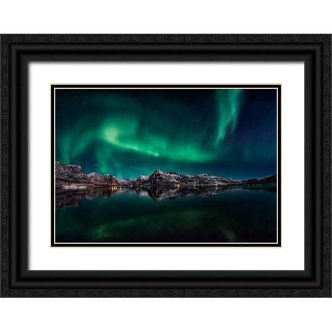 Lofoten Aurora Reflection Black Ornate Wood Framed Art Print with Double Matting by De La, Javier
