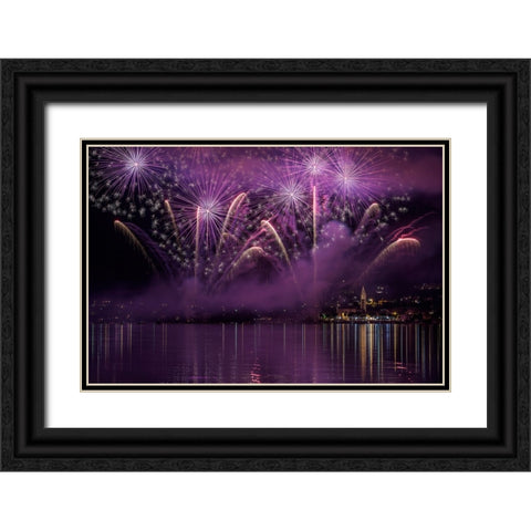 Fireworks Lake Pusiano Black Ornate Wood Framed Art Print with Double Matting by Marini, Roberto