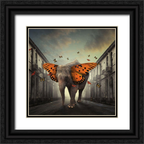 Butterphant Black Ornate Wood Framed Art Print with Double Matting by Hardibudi