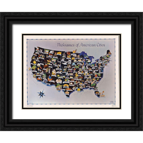 Nicknames of American Cities on US Map 1951 Black Ornate Wood Framed Art Print with Double Matting by Vintage Photography
