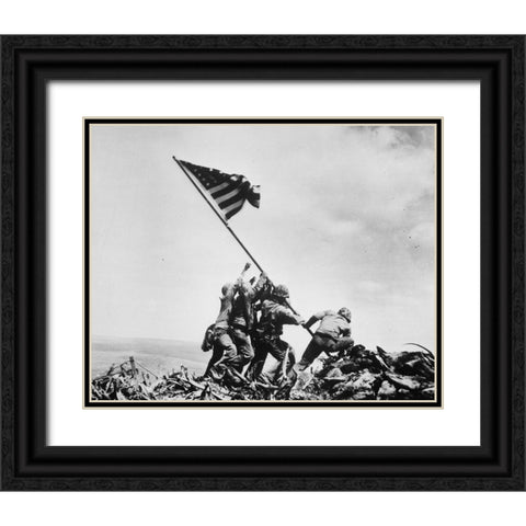 Flag Raising on Iwo Jima 1945 Black Ornate Wood Framed Art Print with Double Matting by Vintage Photography
