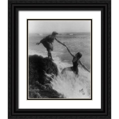 Bathing Beauties at the Seaside Black Ornate Wood Framed Art Print with Double Matting by Vintage Photography