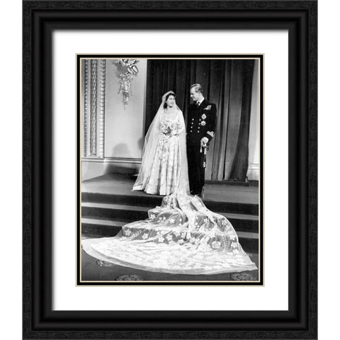 Wedding Picture of Princess Elizabeth and Prince Philip 1947 Black Ornate Wood Framed Art Print with Double Matting by Vintage Photography