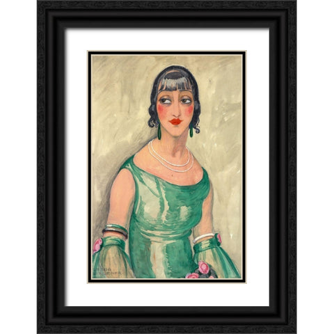 Portrait of woman in green dress and pearls Black Ornate Wood Framed Art Print with Double Matting by Wegener, Gerda