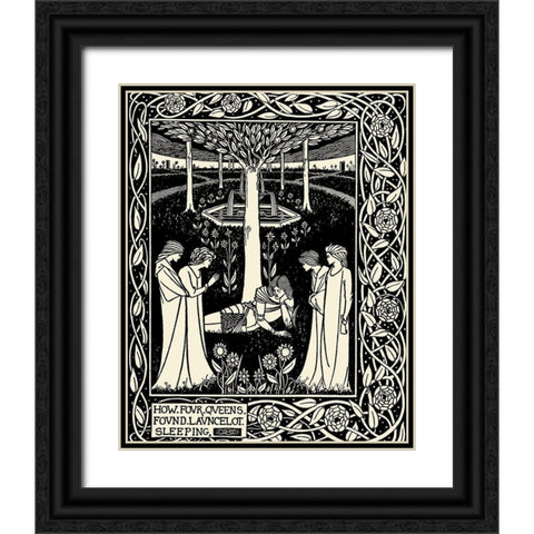 Morte DArthur 1893 - How Four Queens found Lancelot Sleeping Black Ornate Wood Framed Art Print with Double Matting by Beardsley, Aubrey