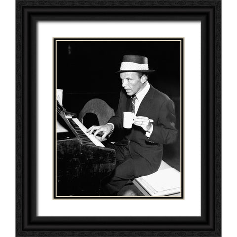 Frank Sinatra at the piano, 1954 Black Ornate Wood Framed Art Print with Double Matting by Vintage Hollywood Archive