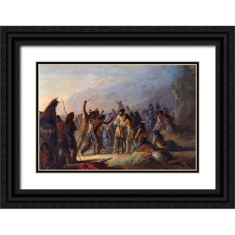 Attack by Crow Indians Black Ornate Wood Framed Art Print with Double Matting by Miller, Alfred Jacob
