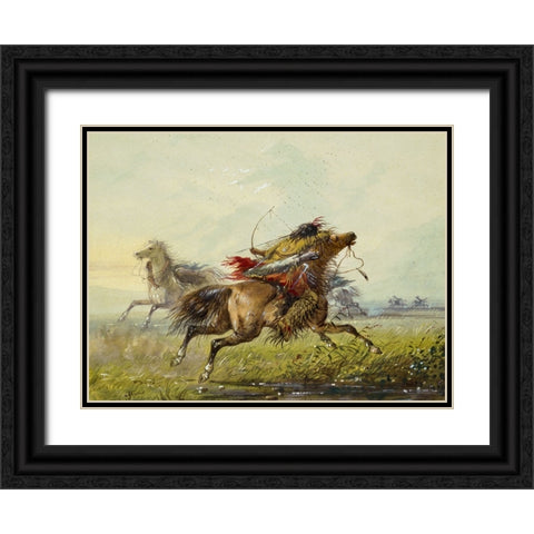 Dodging an Arrow Black Ornate Wood Framed Art Print with Double Matting by Miller, Alfred Jacob