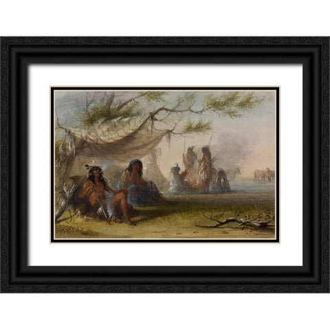 Indian Encampment Black Ornate Wood Framed Art Print with Double Matting by Miller, Alfred Jacob