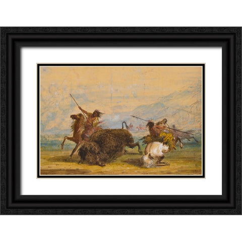 Crow Indians attacking a buffalo with the lance Black Ornate Wood Framed Art Print with Double Matting by Miller, Alfred Jacob