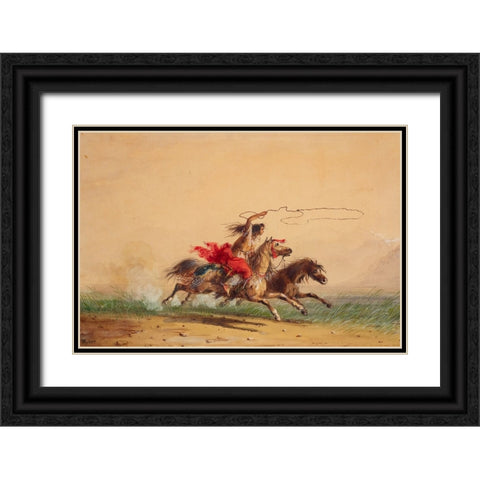 Lassoing Wild Horses Black Ornate Wood Framed Art Print with Double Matting by Miller, Alfred Jacob