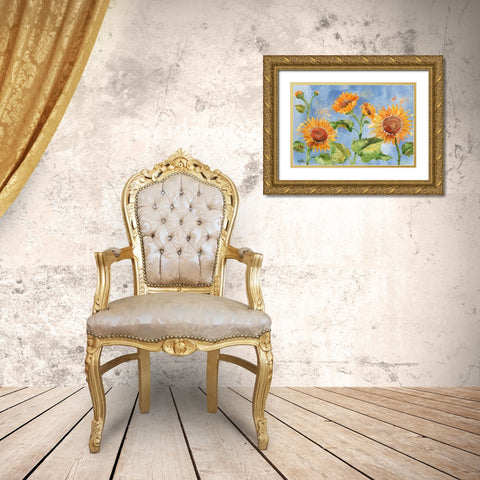 Arianna Sunflowers Horizontal - Sky Blue Gold Ornate Wood Framed Art Print with Double Matting by Brent, Paul