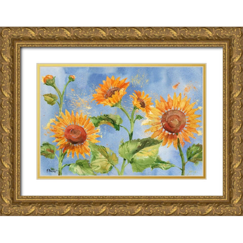 Arianna Sunflowers Horizontal - Sky Blue Gold Ornate Wood Framed Art Print with Double Matting by Brent, Paul