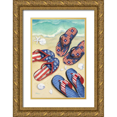 Americana Beach Flip Flops Vertical II Gold Ornate Wood Framed Art Print with Double Matting by Brent, Paul