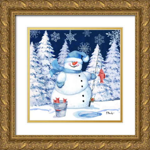 Icy Snowman III - Navy Gold Ornate Wood Framed Art Print with Double Matting by Brent, Paul