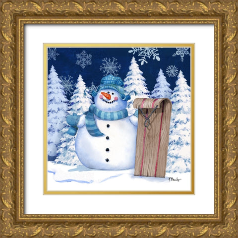 Icy Snowman IV - Navy Gold Ornate Wood Framed Art Print with Double Matting by Brent, Paul