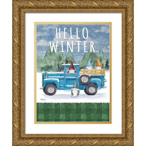 Winter Gnome Ride Vertical Gold Ornate Wood Framed Art Print with Double Matting by Brent, Paul