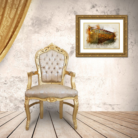 Chatt Pier Sign Watercolor Gold Ornate Wood Framed Art Print with Double Matting by Lee, Rachel
