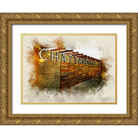 Chatt Pier Sign Watercolor Gold Ornate Wood Framed Art Print with Double Matting by Lee, Rachel