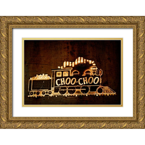 Choo Choo Sign Textured Gold Ornate Wood Framed Art Print with Double Matting by Lee, Rachel