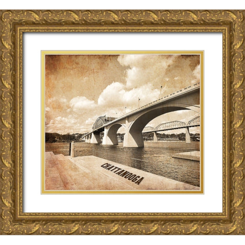 Market Bridge Textured w Writing Gold Ornate Wood Framed Art Print with Double Matting by Lee, Rachel