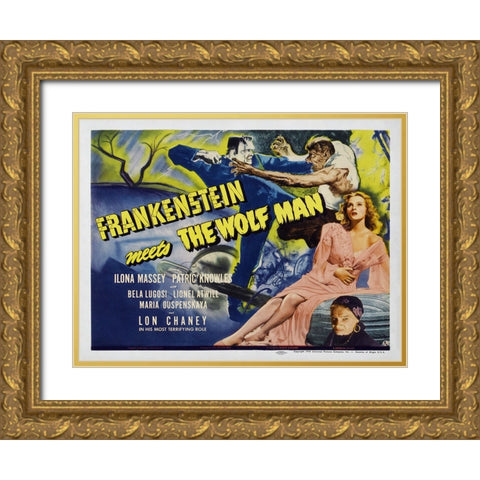 Frankenstein Meets The Wolf Man Gold Ornate Wood Framed Art Print with Double Matting by Screendoor