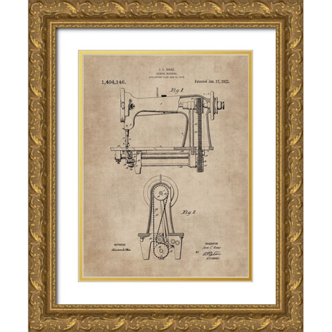 Patent Document of a Sewing Machine Gold Ornate Wood Framed Art Print with Double Matting by CAG