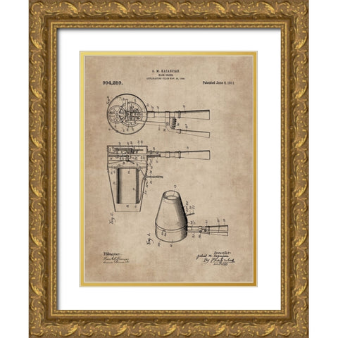 Patent Document of a Hair Dryer Gold Ornate Wood Framed Art Print with Double Matting by CAG