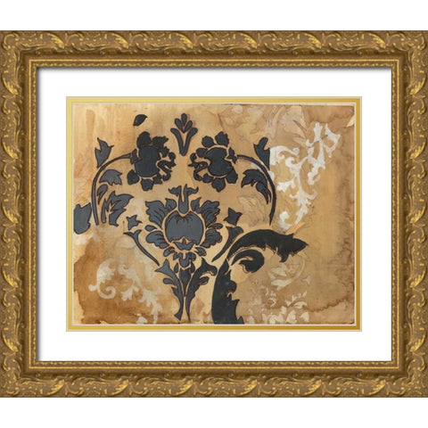 Black Damask Gold Ornate Wood Framed Art Print with Double Matting by Adkin, Arielle