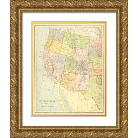 US Map West Gold Ornate Wood Framed Art Print with Double Matting by Babbitt, Gwendolyn