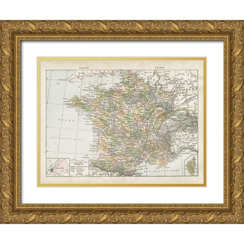 France Map Gold Ornate Wood Framed Art Print with Double Matting by Babbitt, Gwendolyn