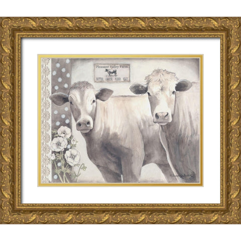 Two Cream Cows Gold Ornate Wood Framed Art Print with Double Matting by Babbitt, Gwendolyn