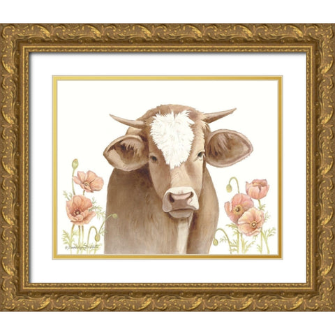 Poppy Cow Gold Ornate Wood Framed Art Print with Double Matting by Babbitt, Gwendolyn