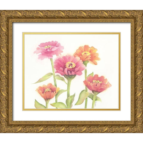 Happy Zinnias Gold Ornate Wood Framed Art Print with Double Matting by Babbitt, Gwendolyn