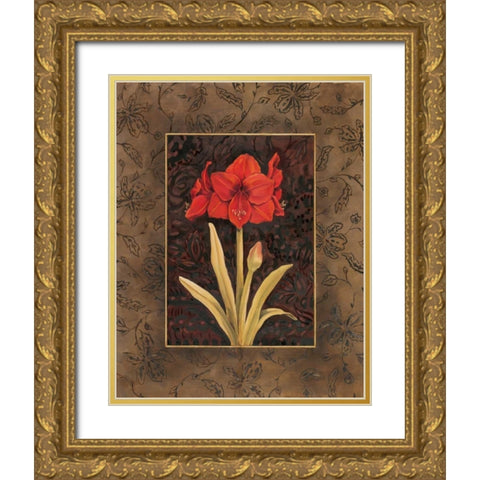 Damask Amaryllis Gold Ornate Wood Framed Art Print with Double Matting by Brent, Paul