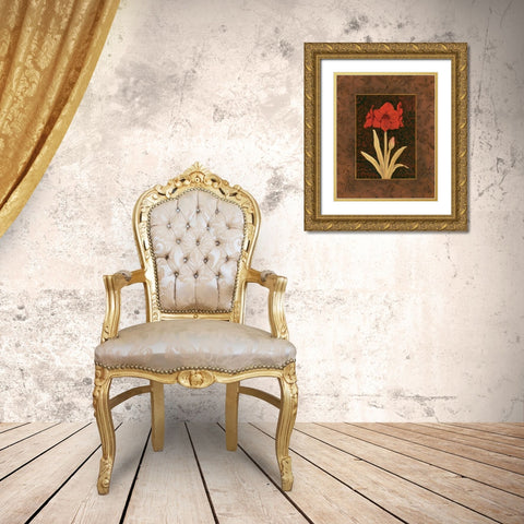 Damask Amaryllis Gold Ornate Wood Framed Art Print with Double Matting by Brent, Paul
