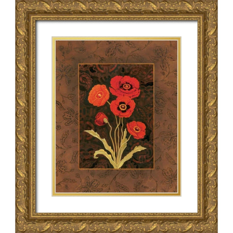 Damask Poppy Gold Ornate Wood Framed Art Print with Double Matting by Brent, Paul