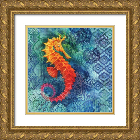 Seahorse Batik Sq Gold Ornate Wood Framed Art Print with Double Matting by Brent, Paul