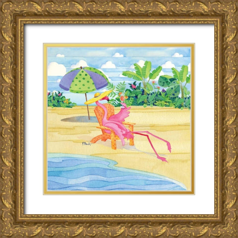 Beach Chair Flamingo Gold Ornate Wood Framed Art Print with Double Matting by Brent, Paul