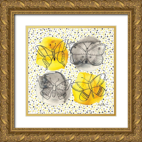 Gray and Yellow Butterflies I Gold Ornate Wood Framed Art Print with Double Matting by Frazer, Amy